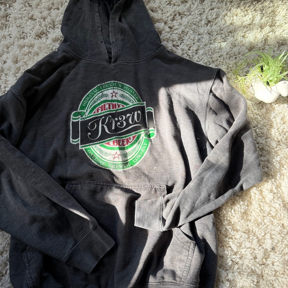 Dark gray filthy Krew beer, vintage men’s skater Hoodie with Green Graphic
